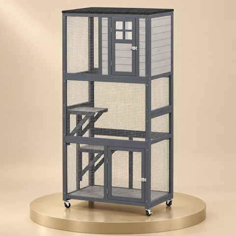 Wooden catio on wheels in gray with wire mesh sides and a roofed top, on a champagne plinth