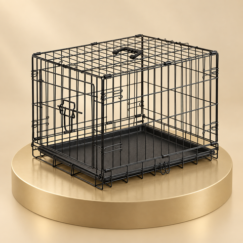 Foldable metal dog crate in black with a carry handle and plastic tray on a round champagne plinth