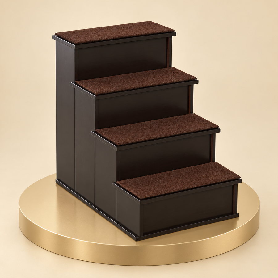 Four-step dog stairs in dark coffee with brown plush step cushions, on a champagne plinth