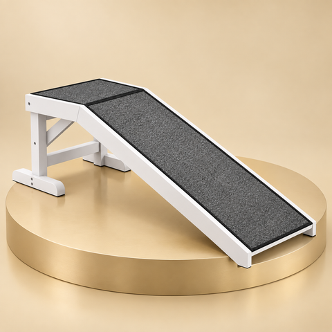Carpeted pet ramp with a white wood frame and gray carpet incline on a round champagne plinth