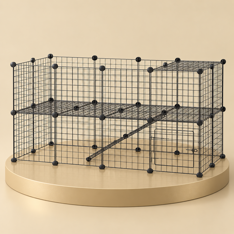 36-panel black wire small animal playpen with a ramp and upper level, shown on a champagne plinth