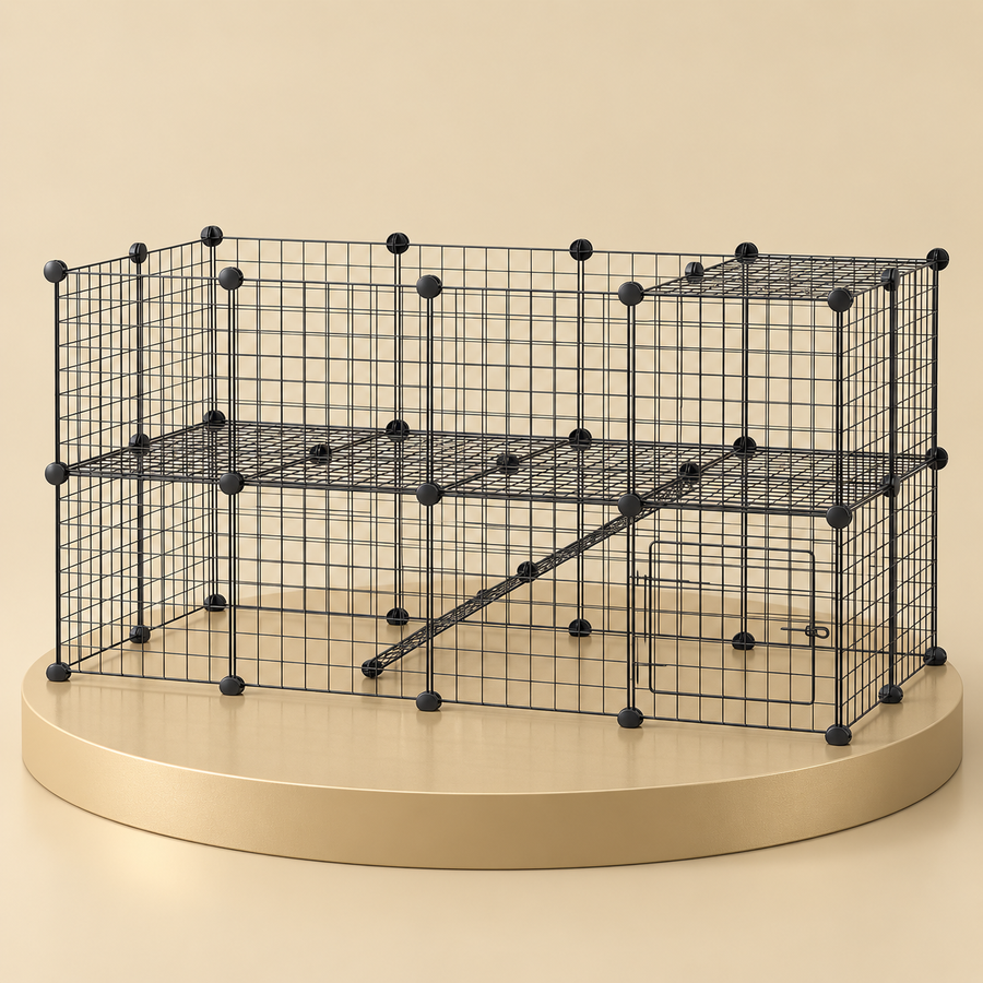 36-panel black wire small animal playpen with a ramp and upper level, shown on a champagne plinth