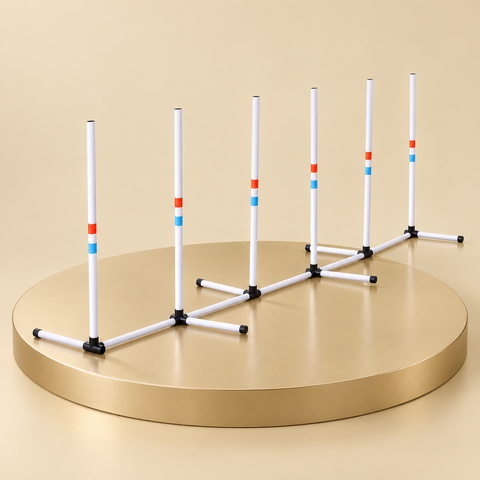 Six white agility weave poles with red and blue marker bands, linked white base rails and black joints on a beige platform.