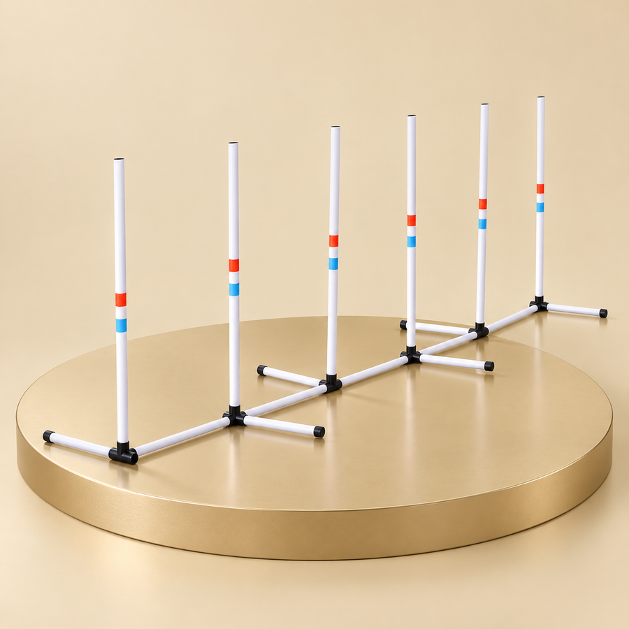 Six white agility weave poles with red and blue marker bands, linked white base rails and black joints on a beige platform.