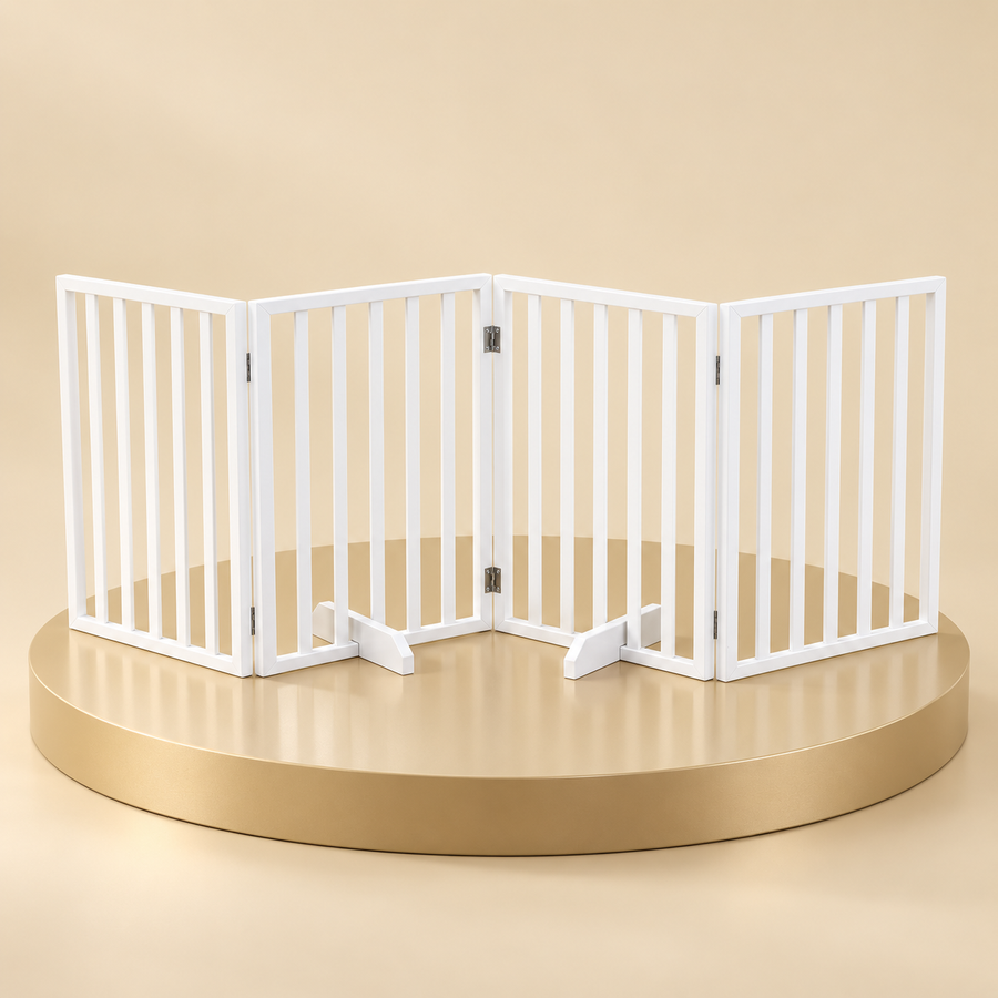 Freestanding wooden pet gate in white with four folding panels, on a round champagne plinth