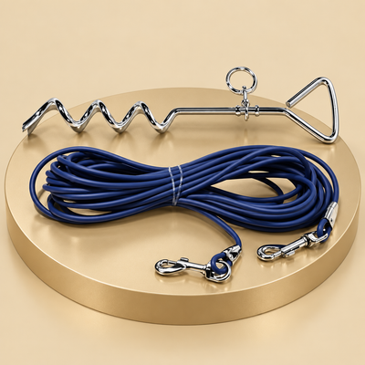 Dog Tie-Out Stake and 30 ft Leash Set, Navy