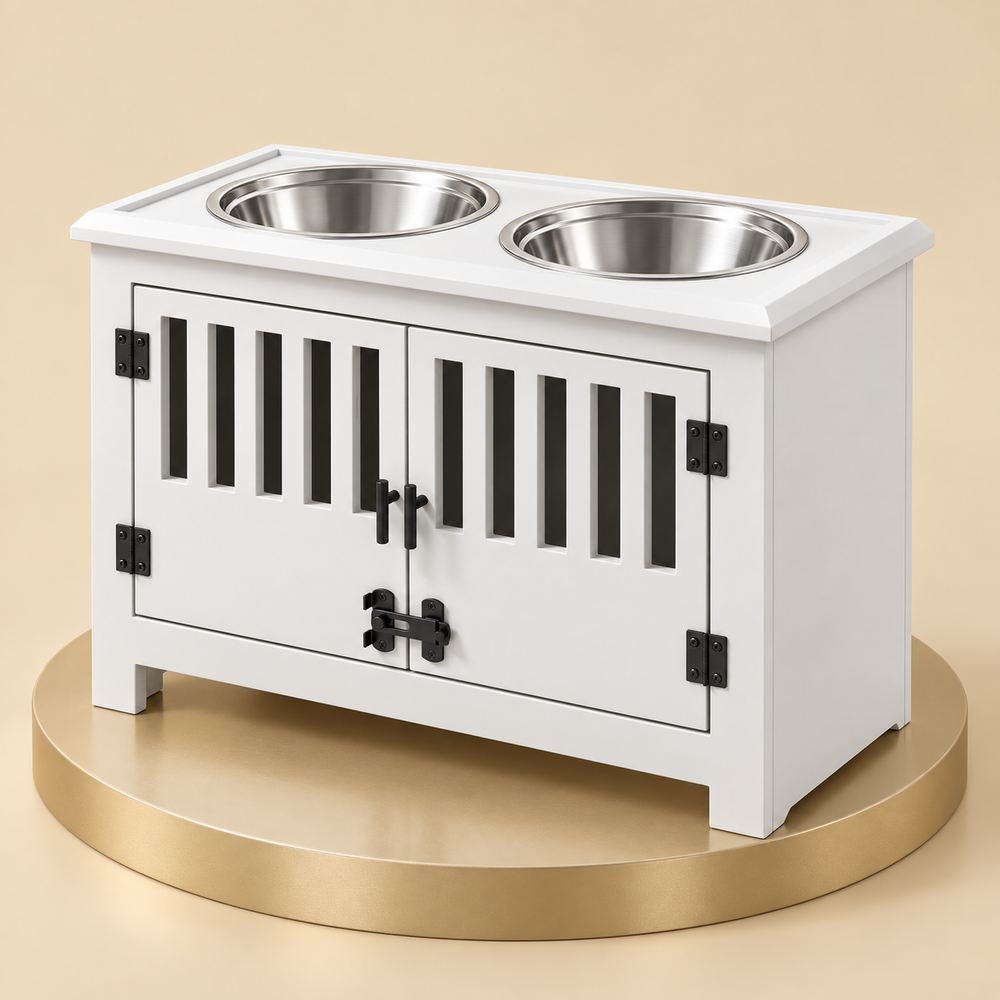 Raised Dog Feeder with Storage Cabinet, White