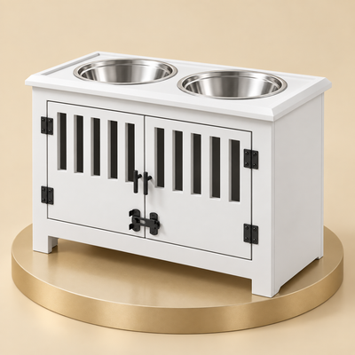 Raised Dog Feeder with Storage Cabinet, White