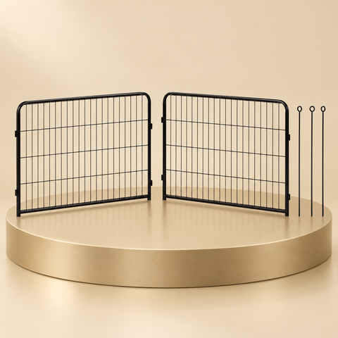 Two black rectangular dog playpen extension panels with rounded upper corners and three separate loop-top rods.