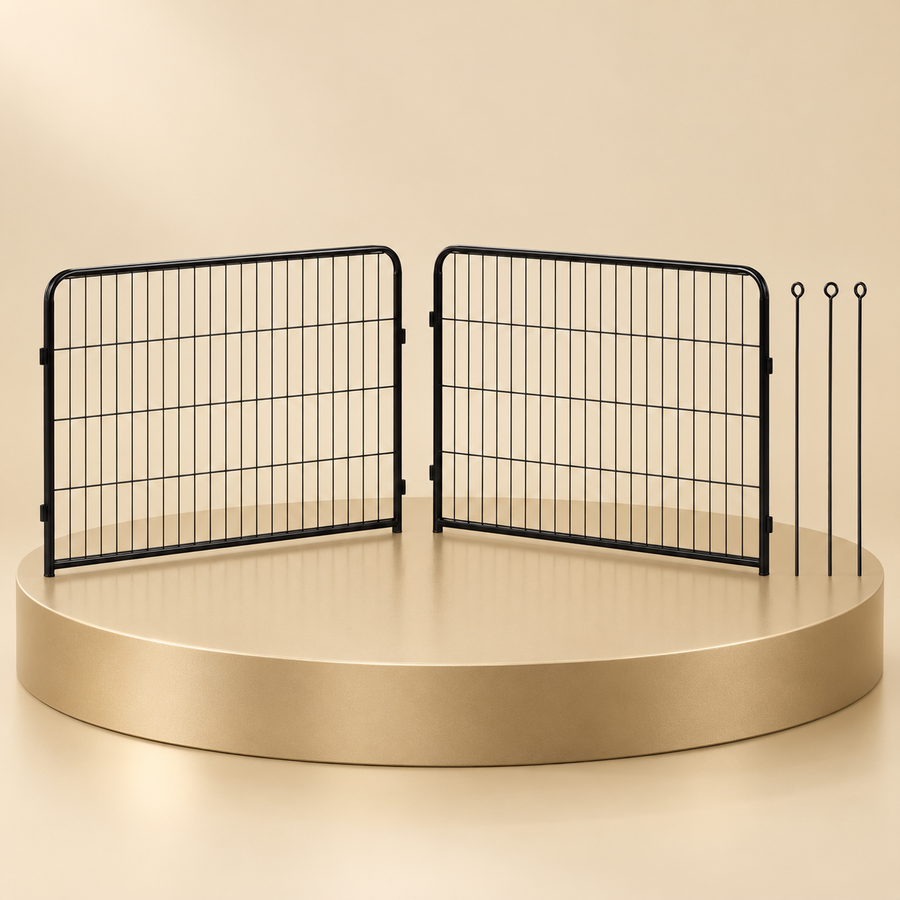 Two black rectangular dog playpen extension panels with rounded upper corners and three separate loop-top rods.