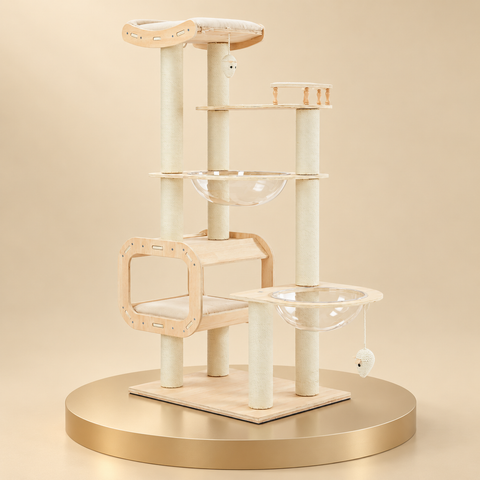 Four-level wooden cat tree with sisal posts, clear capsules and a wooden condo, on a champagne plinth