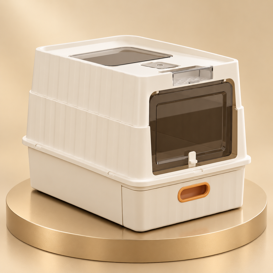 Enclosed cat litter box in cream with a smoked flap door and orange drawer handle, on a champagne plinth