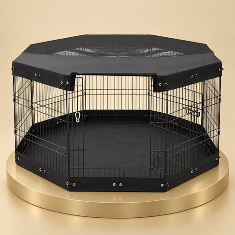 Covered metal dog playpen with eight panels, black floor mat and fabric top cover on a champagne plinth