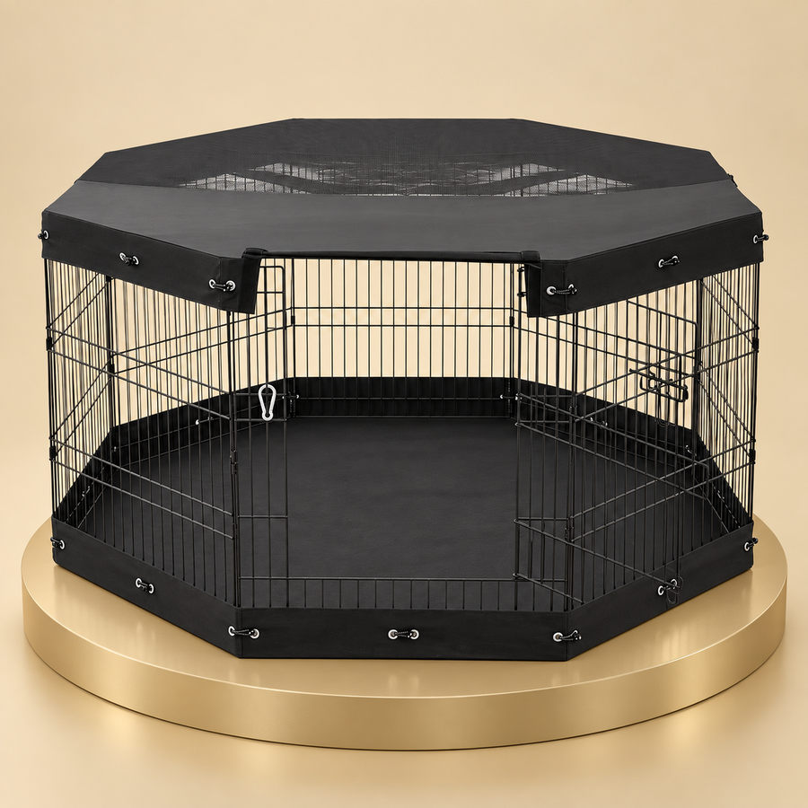 Covered metal dog playpen with eight panels, black floor mat and fabric top cover on a champagne plinth