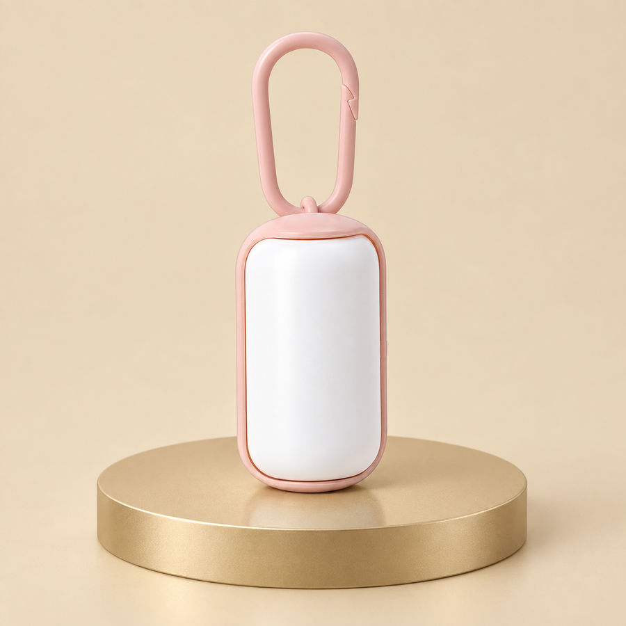 Mini dog waste bag dispenser in white with a pink carabiner loop, on a champagne plinth