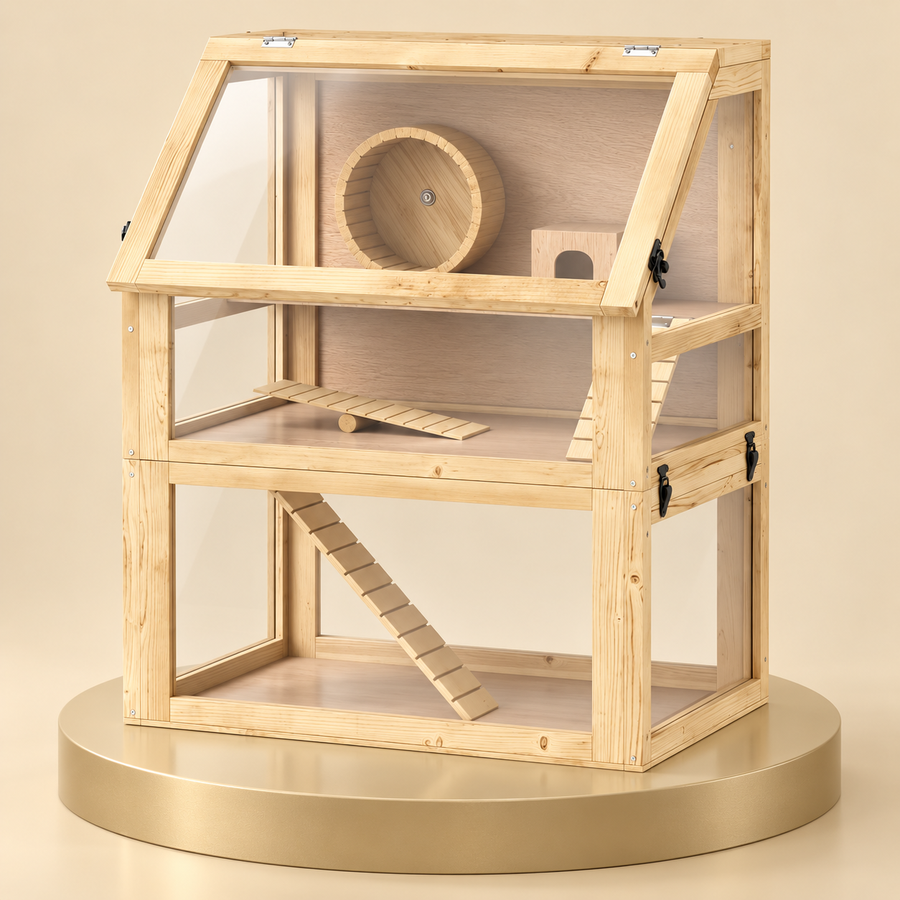 Three-tier wooden hamster cage with clear acrylic panels, ramps and a wheel on a champagne plinth