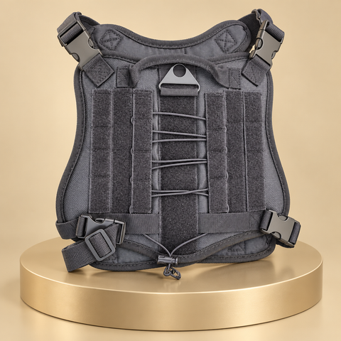 Gray dog harness with central cord lacing and dark buckles standing on a round champagne plinth