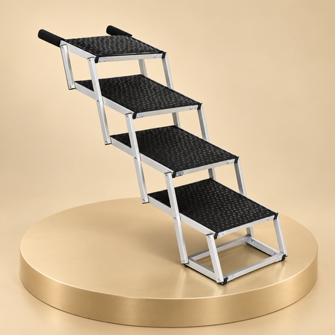 Four black textured steps on a folding silver aluminum frame displayed on a champagne plinth.