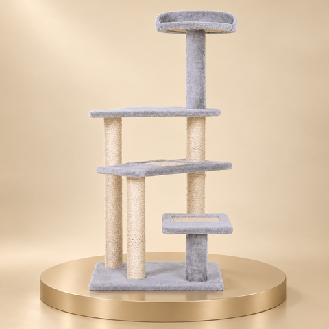 Light-gray plush five-level cat tree with sisal posts and a round top perch, standing on a champagne plinth