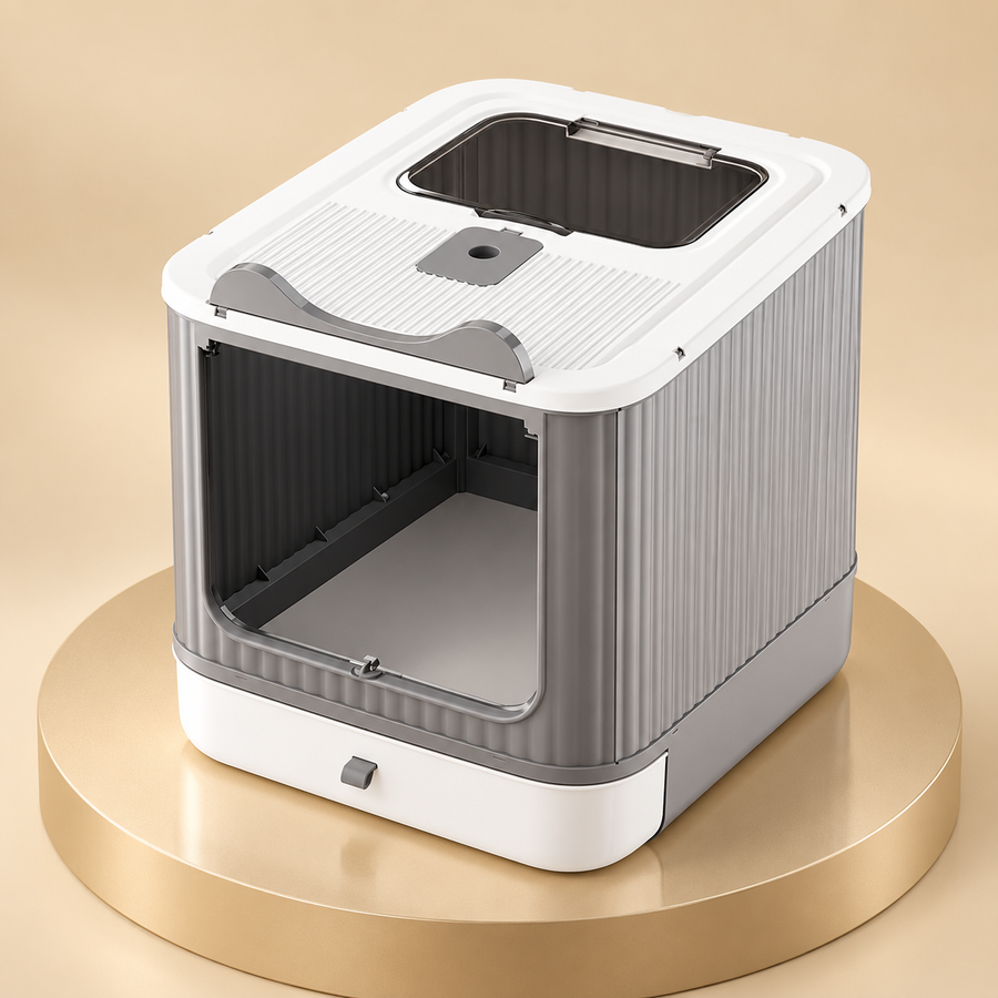 Foldable drawer cat litter box in white and gray with a top window, on a round champagne plinth