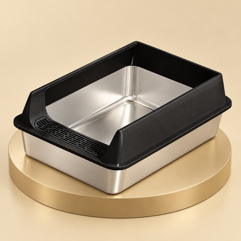Open stainless steel cat litter box with a high black rim and a low gridded front entry on a champagne plinth