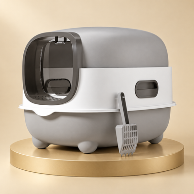 Oval Covered Cat Litter Box with Scoop, Gray and White