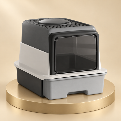 Enclosed cat litter box in dark and light gray with a clear front door, on a round champagne plinth