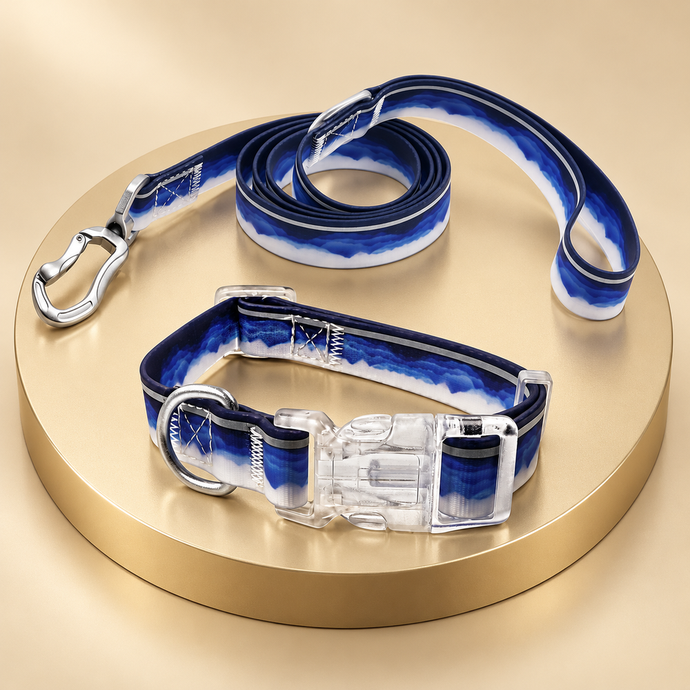 Dog Collar and Leash Set, Navy and White, Medium