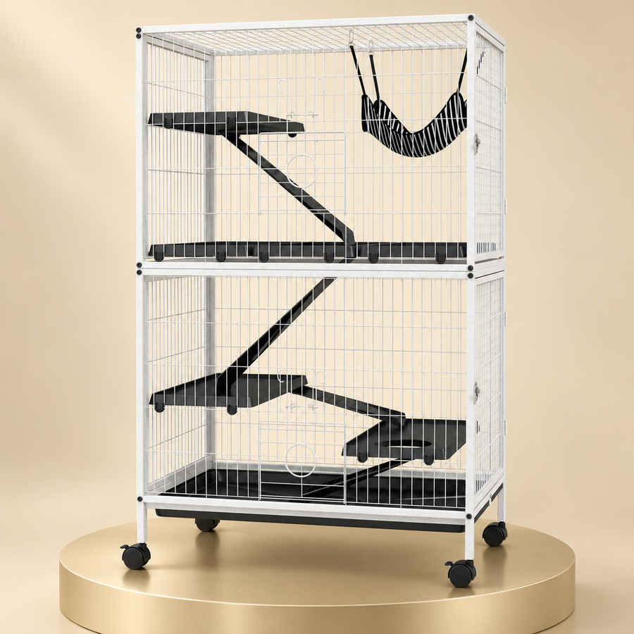 Rolling white wire ferret and chinchilla cage with black ramps and a striped hammock on a champagne plinth
