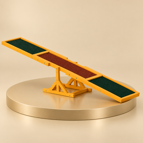 Wooden dog agility seesaw with a reddish-brown center, dark green end panels and a triangular support on a beige plinth.