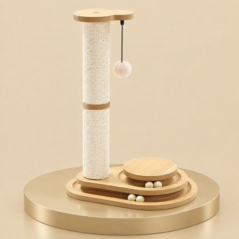 Sisal cat scratching post with a wooden two-level ball track base, on a champagne plinth