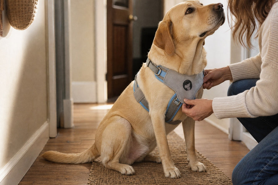 Max — Strap check before the walk