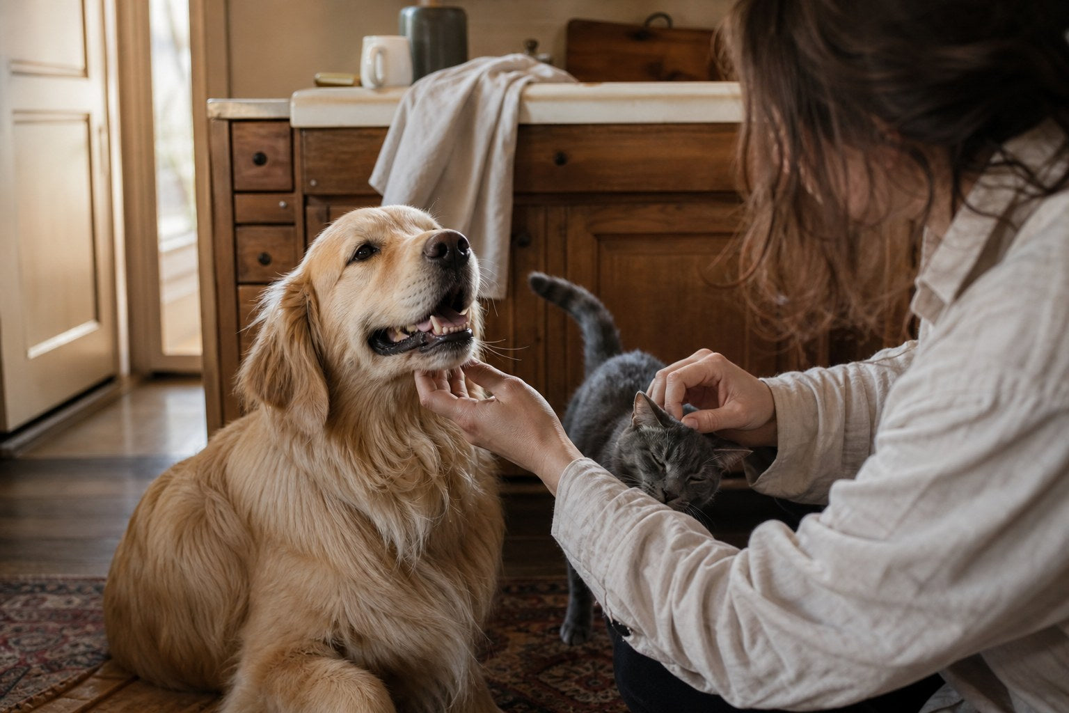 Someone crouching at home between a golden retriever and a grey cat in morning light