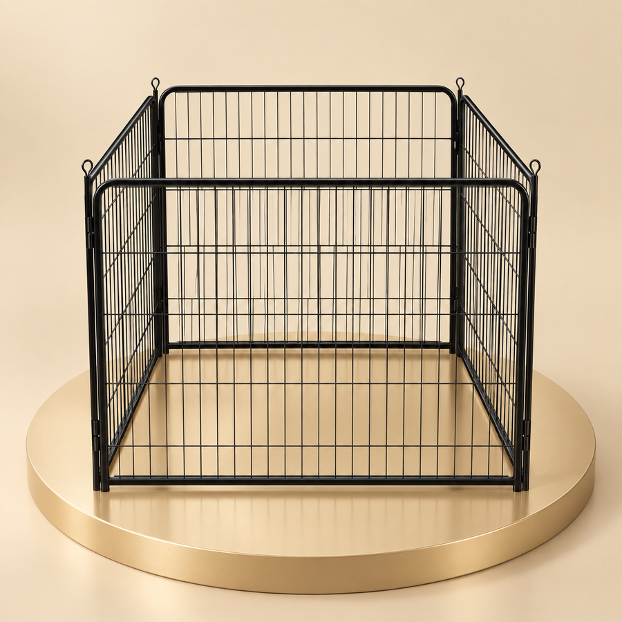 Black foldable metal playpen seen at an angle with its four panels set up on a gold plinth