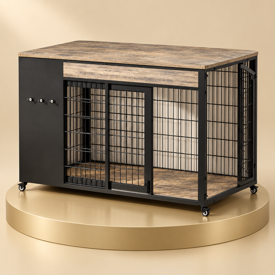 Greige wood-top dog crate table with black frame and sliding door on a round champagne plinth