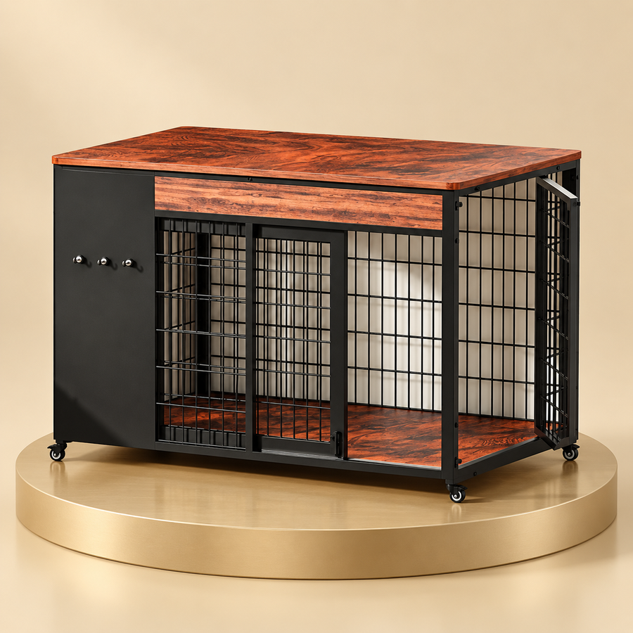 Warm brown dog crate end table with a reddish wood top and black wire door on a gold plinth
