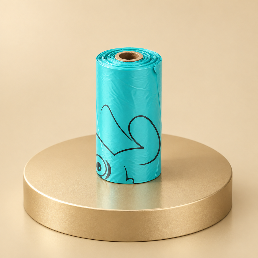 Single compact teal dog waste bag roll with a partial dog line print and cardboard core, upright on a gold plinth