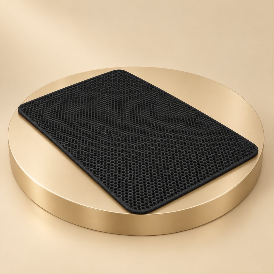 Black honeycomb cat litter mat with bound edges on a round champagne plinth