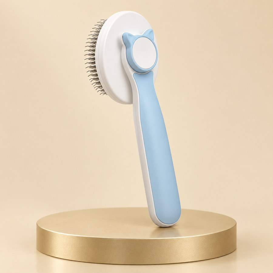 Light blue cat slicker brush with a cat-ear button and fine metal pins standing on a round plinth