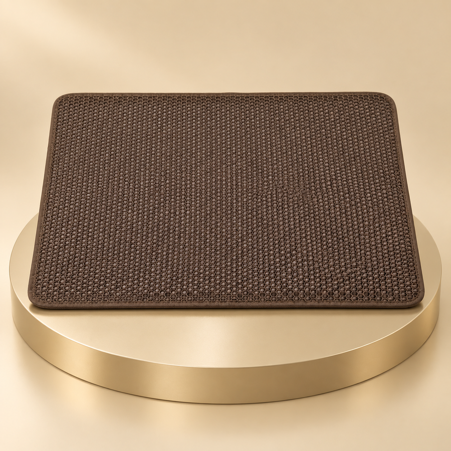 Brown honeycomb cat litter mat with bound edges on a round champagne plinth