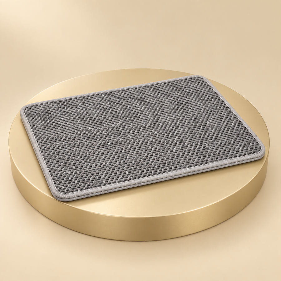 Gray honeycomb cat litter mat with bound edges on a round champagne plinth
