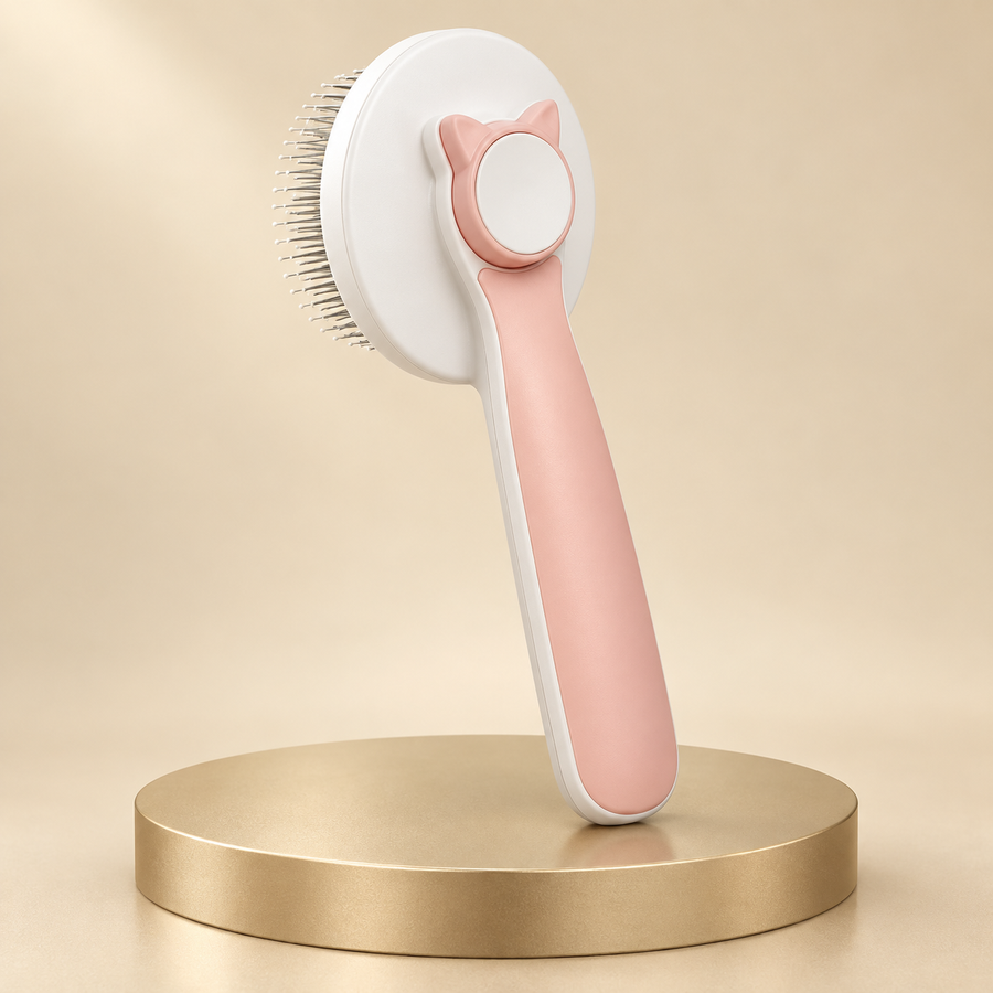 Pink cat slicker brush with a cat-ear button and slim handle standing on a champagne plinth