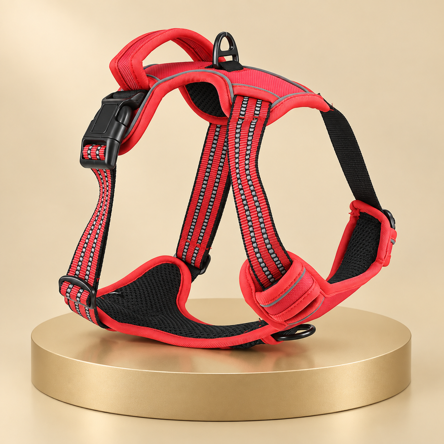 Red dog harness with reflective trim and black padded mesh, shown on a round gold plinth