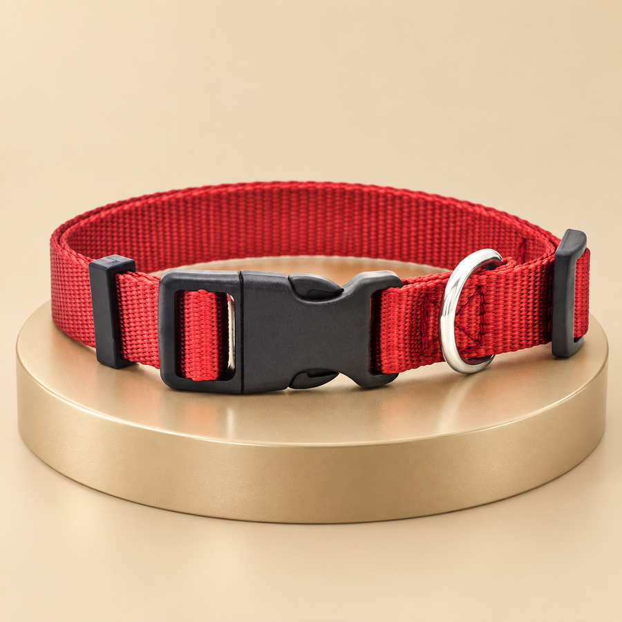 Red adjustable nylon dog collar with a black buckle and silver D-ring standing on a round plinth