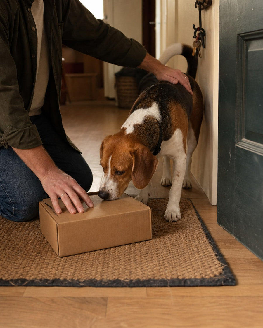 A parcel on the doormat, a beagle sniffing the box while its owner kneels beside it